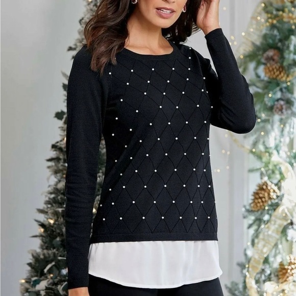 Black Pearls Are A Girl's Best Friend 2 in 1 Layered Sweater Size Large - Picture 1 of 10